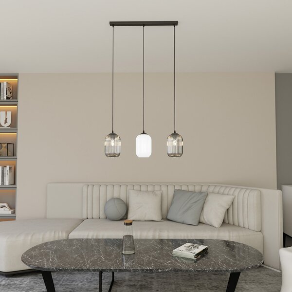 Lampadario 3 Luci Nuit Acciaio Nero E Vetri Plissettati In Bianco E Fumè