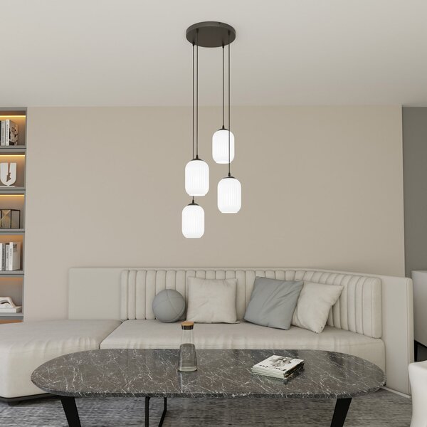 Lampadario 4 Luci Nuit Base Tonda Acciaio Nero Vetri Plissettati Bianchi
