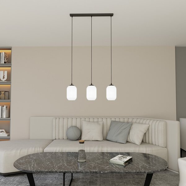 Lampadario 3 Luci Nuit Acciaio Nero E Vetri Plissettati Color Opale