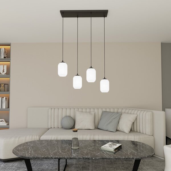 Lampadario 4 Luci Nuit In Acciaio Nero E Vetri Plissettati Bianchi