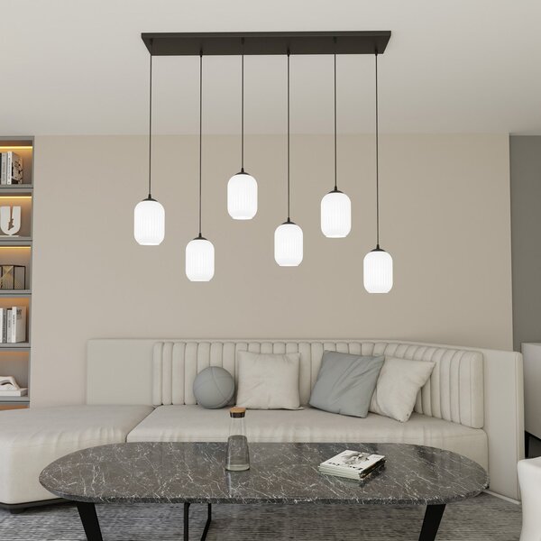 Lampadario 6 Luci Nuit In Acciaio Nero E Vetri Plissettati Bianchi