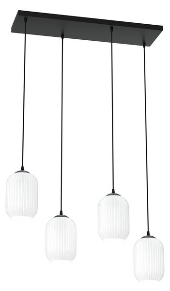 Lampadario 4 Luci Nuit In Acciaio Nero E Vetri Plissettati Bianchi