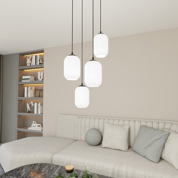 Lampadario 4 Luci Nuit Base Tonda Acciaio Nero Vetri Plissettati Bianchi