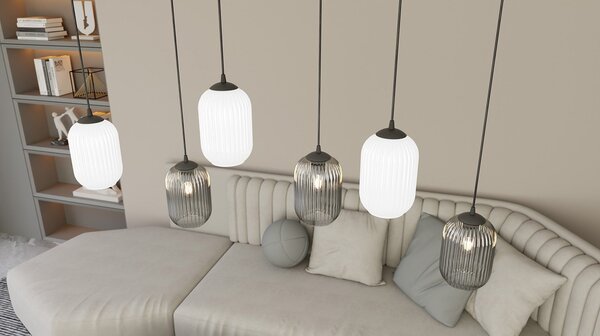 Lampadario 6 Luci Nuit Acciaio Nero E Vetri Plissettati In Bianco E Fumè