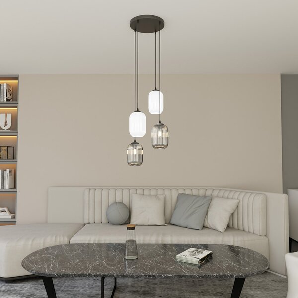 Lampadario 4 Luci Nuit Tonda Acciaio Nero Vetri Plissettati Bianco Fumè
