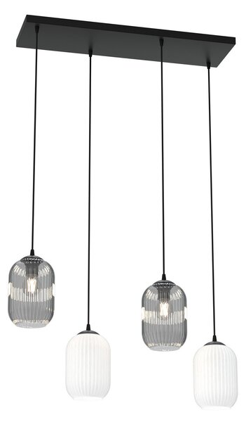 Lampadario 4 Luci Nuit Acciaio Nero E Vetri Plissettati In Bianco E Fumè
