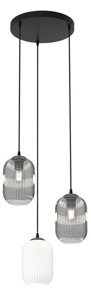 Lampadario 3 Luci Nuit Base Tonda Acciaio Nero Vetri Plissettati Bianco Fumè