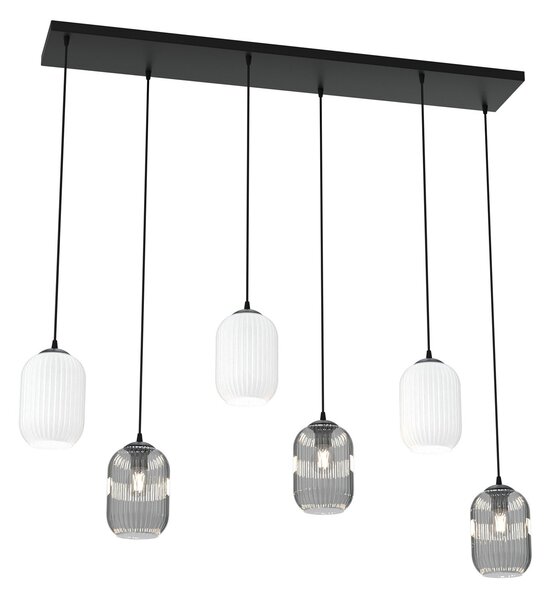 Lampadario 6 Luci Nuit Acciaio Nero E Vetri Plissettati In Bianco E Fumè