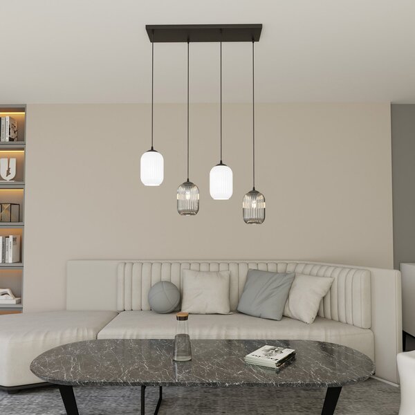 Lampadario 4 Luci Nuit Acciaio Nero E Vetri Plissettati In Bianco E Fumè