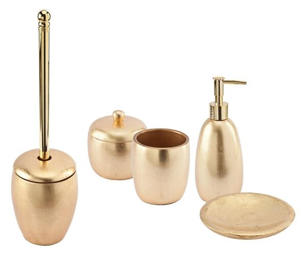 Set accessori da appoggio 5 pezzi Dispenser Bicchiere Porta sapone Porta cotone e Scopino finitura foglia oro