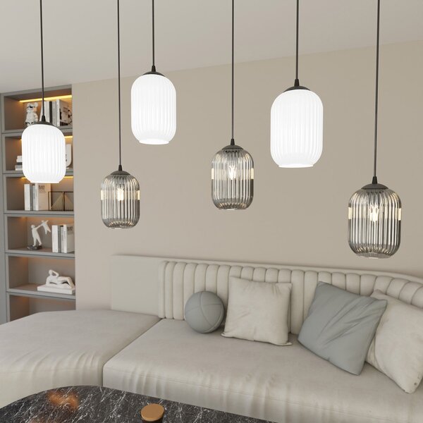 Lampadario 6 Luci Nuit Acciaio Nero E Vetri Plissettati In Bianco E Fumè