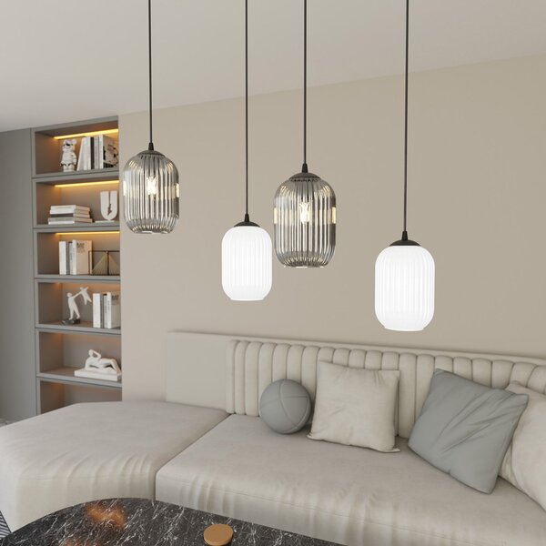 Lampadario 4 Luci Nuit Acciaio Nero E Vetri Plissettati In Bianco E Fumè