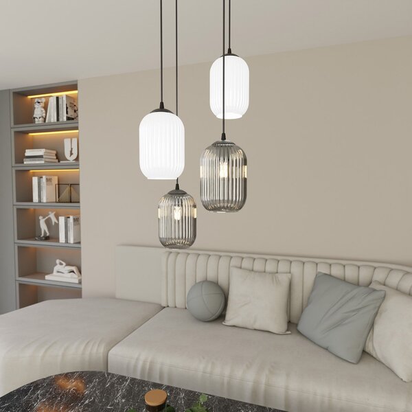 Lampadario 4 Luci Nuit Tonda Acciaio Nero Vetri Plissettati Bianco Fumè