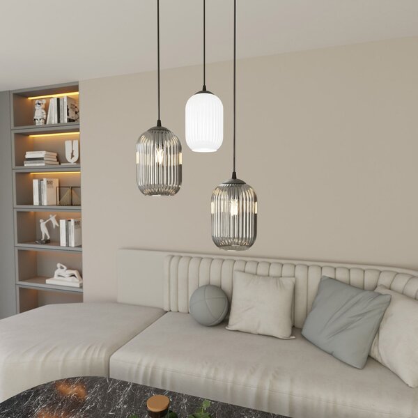 Lampadario 3 Luci Nuit Base Tonda Acciaio Nero Vetri Plissettati Bianco Fumè