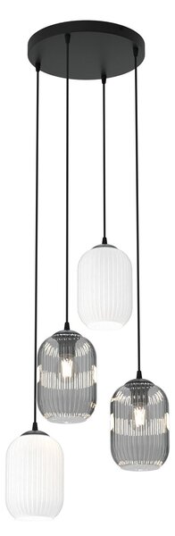 Lampadario 4 Luci Nuit Tonda Acciaio Nero Vetri Plissettati Bianco Fumè