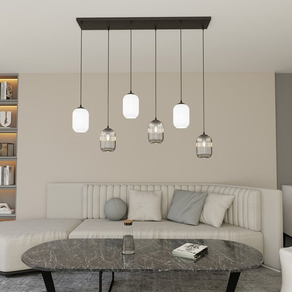 Lampadario 6 Luci Nuit Acciaio Nero E Vetri Plissettati In Bianco E Fumè