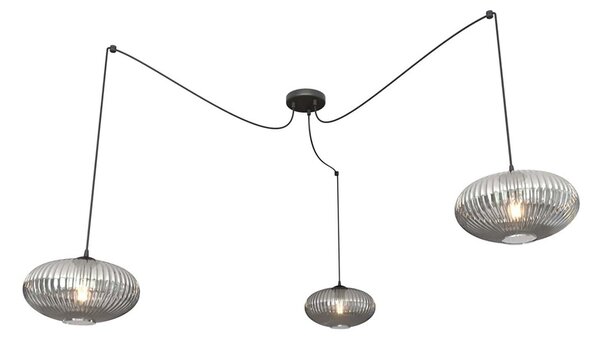 Lampadario 3 Luci Peteh In Acciaio Nero Paralume Plissettato Fumè