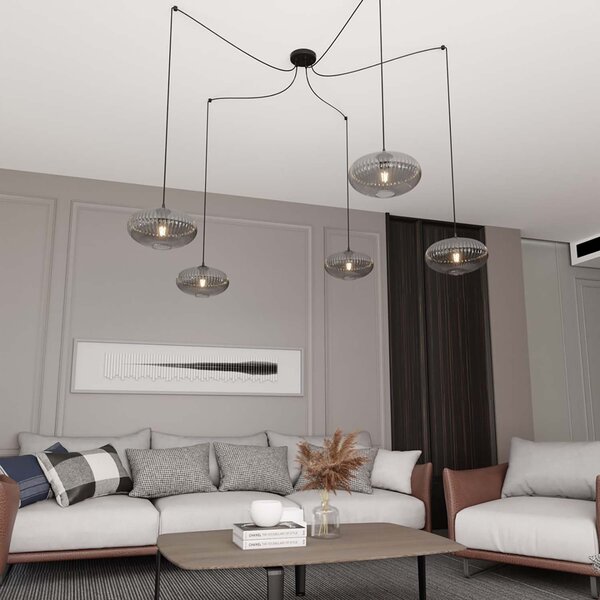 Lampadario 5 Luci Peteh In Acciaio Nero Paralume Plissettato Fumè