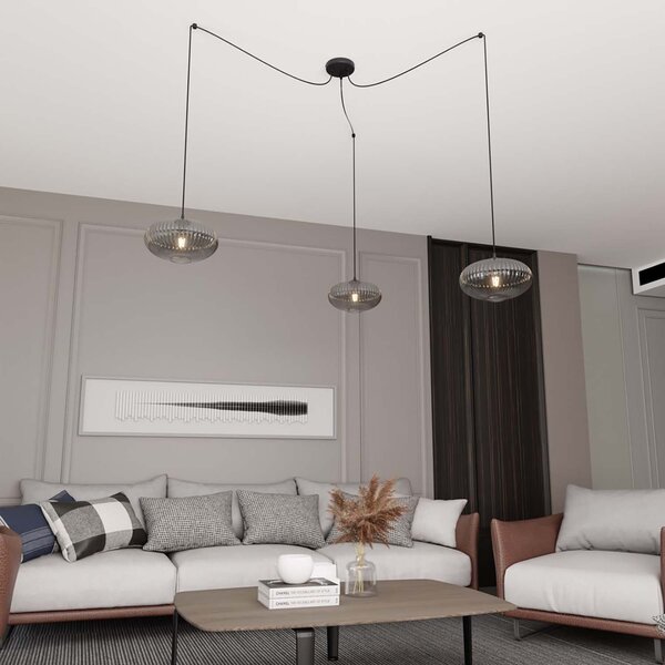 Lampadario 3 Luci Peteh In Acciaio Nero Paralume Plissettato Fumè