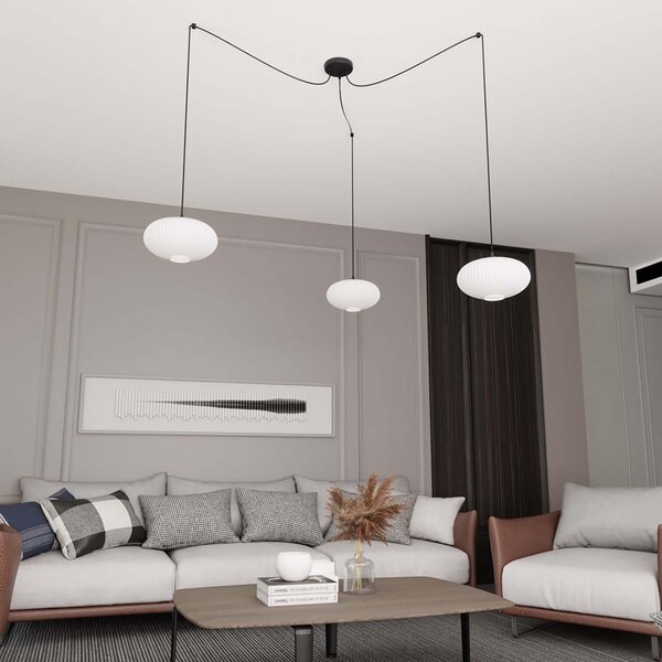 Lampadario 3 Luci Tefnet In Acciaio Nero Paralume Plissettato Bianco