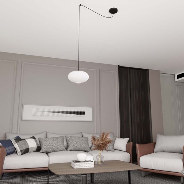 Sospensione 1 Luce Tefnet In Acciaio Nero Paralume Plissettato Bianco