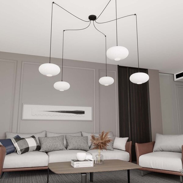 Lampadario 5 Luci Tefnet In Acciaio Nero Paralume Plissettato Bianco