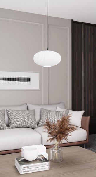 Sospensione 1 Luce Peteh In Acciaio Nero Paralume Plissettato Bianco