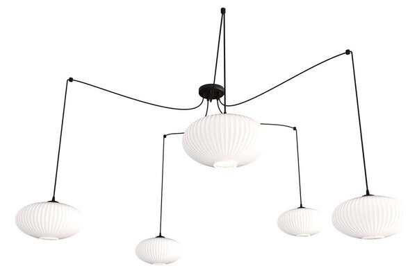 Lampadario 5 Luci Tefnet In Acciaio Nero Paralume Plissettato Bianco