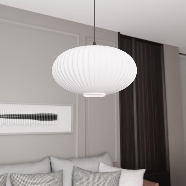 Sospensione 1 Luce Peteh In Acciaio Nero Paralume Plissettato Bianco