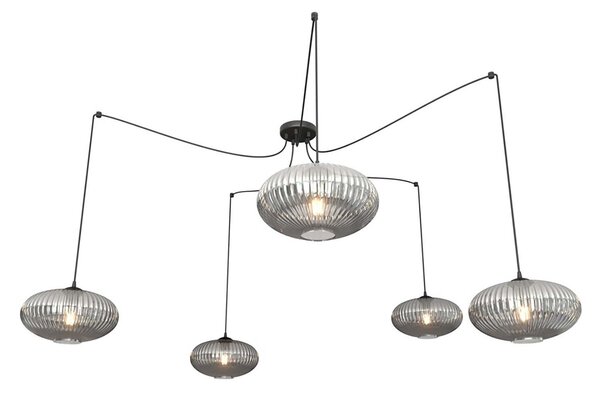 Lampadario 5 Luci Peteh In Acciaio Nero Paralume Plissettato Fumè