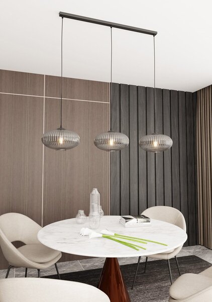 Lampadario 3 Luci Suchos In Acciaio Nero Paralume Plissettato Fumè