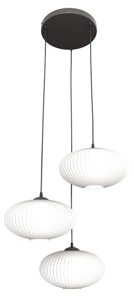 Lampadario 3 Luci Peteh Base Tonda Acciaio Nero Paralume Plissettato Bianco
