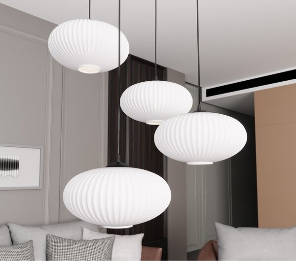 Lampadario 4 Luci Peteh Base Tonda Acciaio Nero Paralume Plissettato Bianco