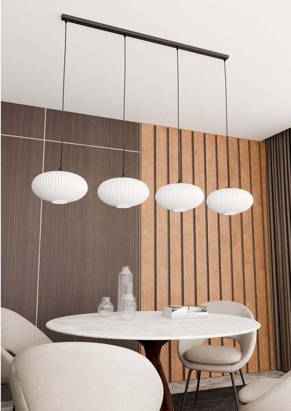 Lampadario 4 Luci Peteh In Acciaio Nero Paralume Plissettato Bianco