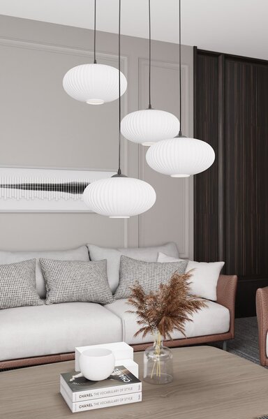 Lampadario 4 Luci Peteh Base Tonda Acciaio Nero Paralume Plissettato Bianco