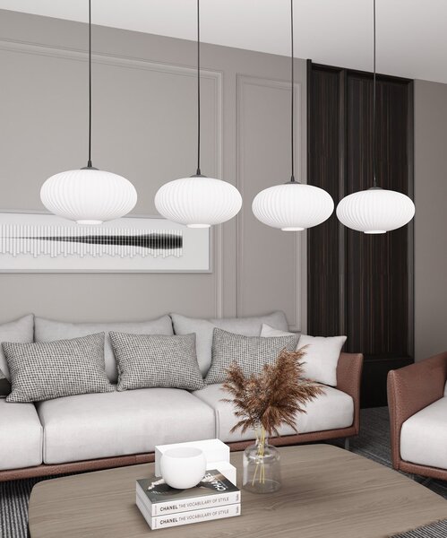 Lampadario 4 Luci Peteh In Acciaio Nero Paralume Plissettato Bianco