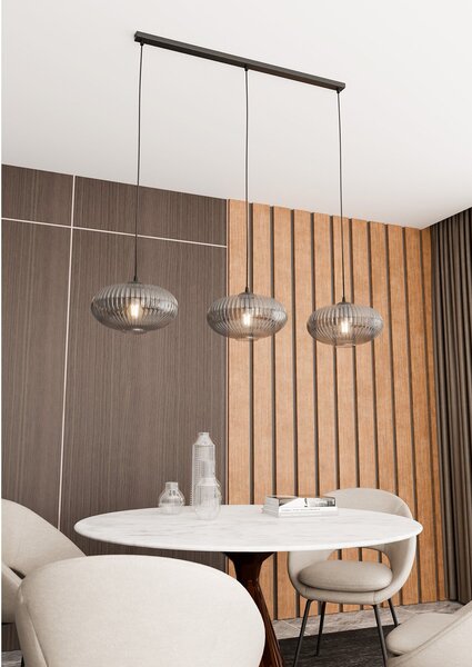 Lampadario 3 Luci Suchos In Acciaio Nero Paralume Plissettato Fumè