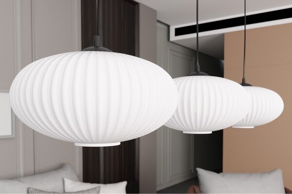 Lampadario 3 Luci Peteh In Acciaio Nero Paralume Plissettato Bianco