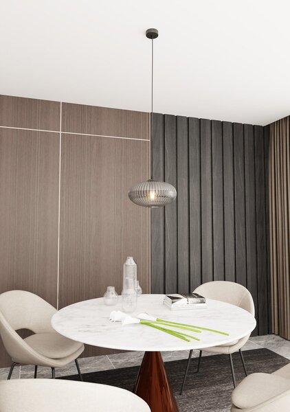 Sospensione 1 Luce Suchos In Acciaio Nero Paralume Plissettato Fumè