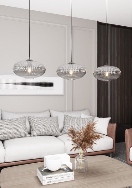 Lampadario 3 Luci Suchos In Acciaio Nero Paralume Plissettato Fumè