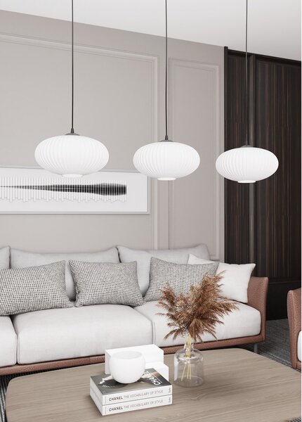Lampadario 3 Luci Peteh In Acciaio Nero Paralume Plissettato Bianco