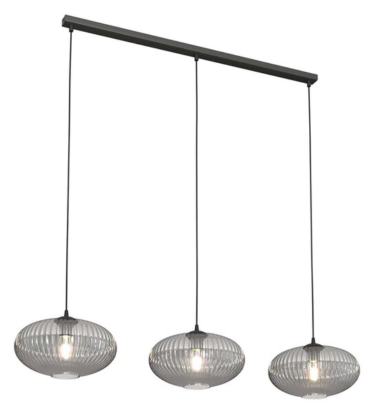 Lampadario 3 Luci Suchos In Acciaio Nero Paralume Plissettato Fumè