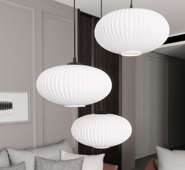 Lampadario 3 Luci Peteh Base Tonda Acciaio Nero Paralume Plissettato Bianco