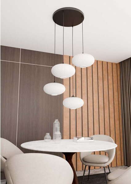 Lampadario 4 Luci Peteh Base Tonda Acciaio Nero Paralume Plissettato Bianco