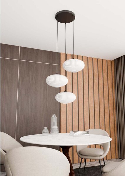 Lampadario 3 Luci Peteh Base Tonda Acciaio Nero Paralume Plissettato Bianco