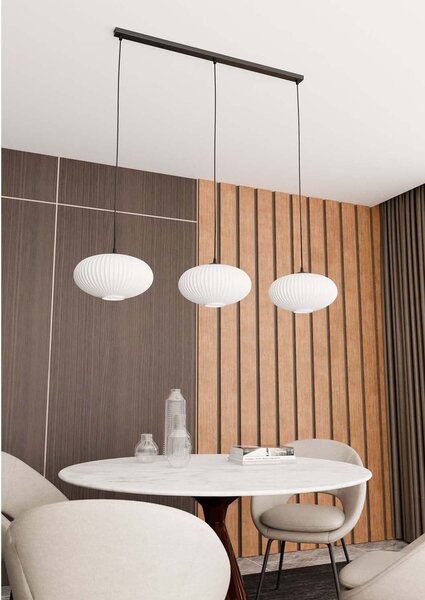 Lampadario 3 Luci Peteh In Acciaio Nero Paralume Plissettato Bianco