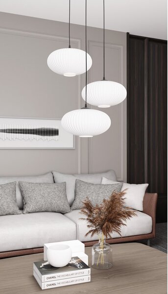 Lampadario 3 Luci Peteh Base Tonda Acciaio Nero Paralume Plissettato Bianco