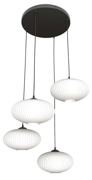 Lampadario 4 Luci Peteh Base Tonda Acciaio Nero Paralume Plissettato Bianco