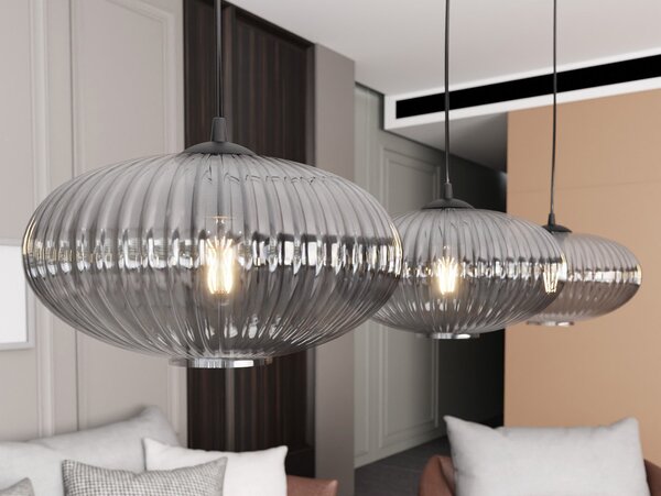 Sospensione 1 Luce Suchos In Acciaio Nero Paralume Plissettato Fumè