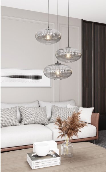Lampadario 3 Luci Suchos Base Tonda Acciaio Nero Paralume Plissettato Fumè